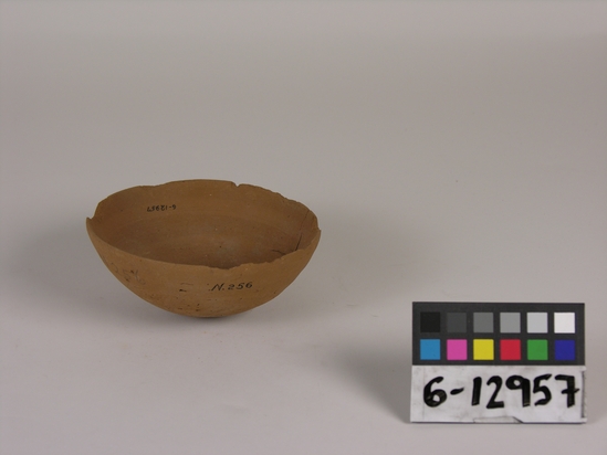 Hearst Museum object titled Bowl, accession number 6-12957, described as Pottery bowl, brown, thin; diameter 12 cm, height 3 cm.