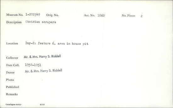 Documentation associated with Hearst Museum object titled Scrapers, accession number 1-202549, described as Obsidian.