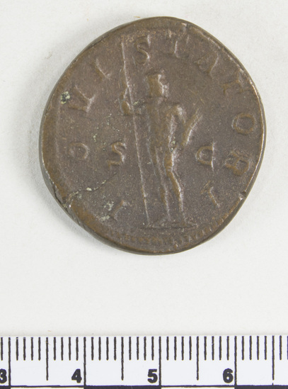 Hearst Museum object 8 of 8 titled Coin: æ sestertius, accession number 8-5924, described as Coin: Sestertius; Æ; Gordianus.Pius - 21.13 grams. Rome, 240-244 AD. Obverse: IMP GORDIANVS PIVS FEL AVG - bust facing right, laureate, draped, cuirassed. Reverse: IOVI STATORI, SC - Jupiter standing facing left, holds long scepter and thunderbolt.