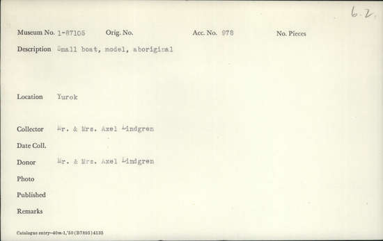 Documentation associated with Hearst Museum object titled Boat model, accession number 1-87105, described as Small. Aboriginal