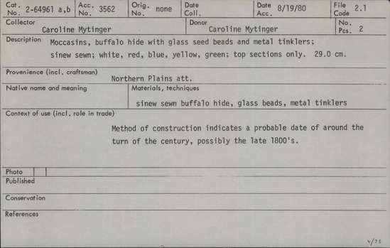 Documentation associated with Hearst Museum object titled Moccasins, accession number 2-64961a,b, described as Buffalo hide with glass seed beads and metal tinklers; sinew sewn; white, red, blue, yellow, green; top sections only.