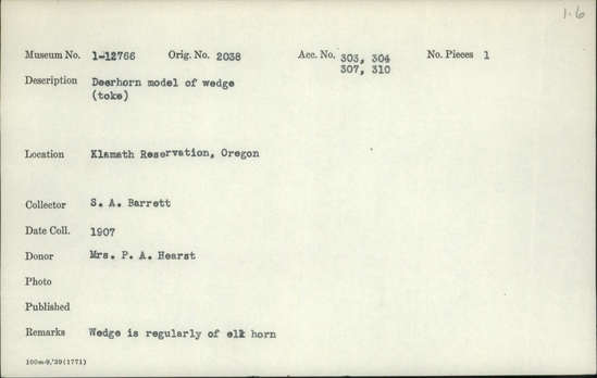 Documentation associated with Hearst Museum object titled Wedge, accession number 1-12766, described as Deerhorn model of wedge (toke).