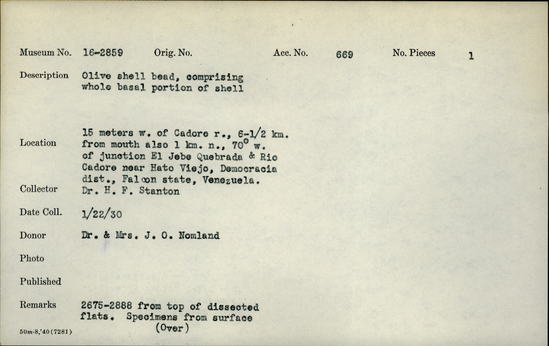 Documentation associated with Hearst Museum object titled Bead, accession number 16-2859, described as Olive shell bead; comprising whole basal portion of shell