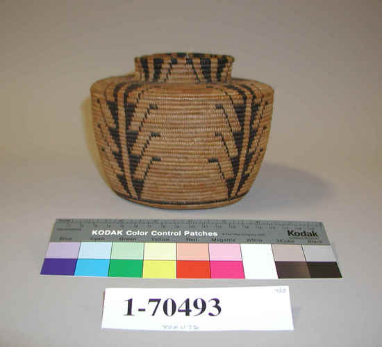 Hearst Museum object titled Basket, accession number 1-70493, described as Basket, coiled, bottle-neck. (The following fide L. Dawson, 1973):  Highly unusual: made with a double coil throughout. Note gap in base line and double coil ending at top.