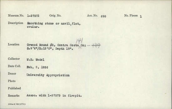 Documentation associated with Hearst Museum object titled Anvil, accession number 1-37572, described as Anvil stone. Flat, ovular.