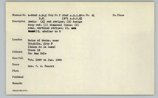 Documentation associated with Hearst Museum object titled Bowls (5), accession number 4-3042c, described as Bowl, diagonal lines