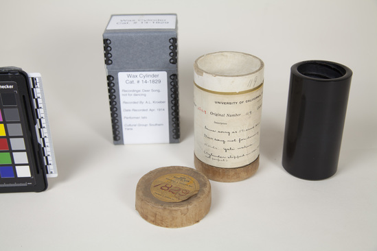 Hearst Museum object titled Wax cylinder recording, accession number 14-1829, described as Deer Song, not for dancing Notice: Image restricted due to its potentially sensitive nature. Contact Museum to request access.