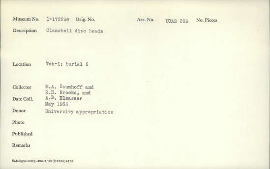 Documentation associated with Hearst Museum object titled Beads, accession number 1-172256, described as Clamshell disc.