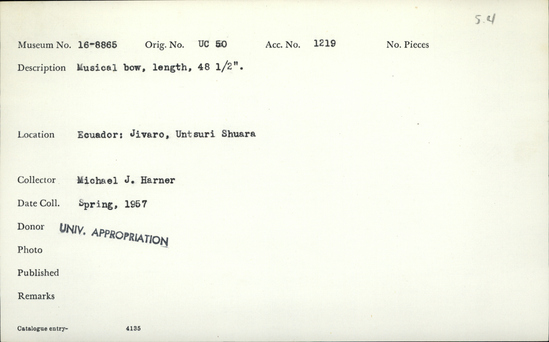 Documentation associated with Hearst Museum object titled Musical bow, accession number 16-8865, described as Musical bow. Length: 48.5 inches.