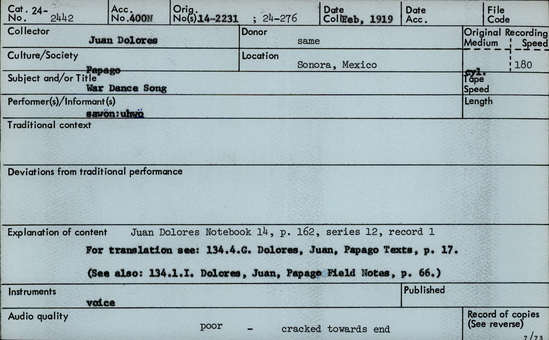 Documentation associated with Hearst Museum object titled Audio recording, accession number 24-2442, described as War Dance Song Notebook 14, p.162 Series 12, Record 1