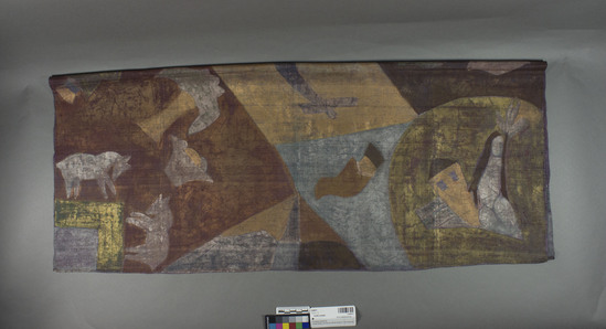 Hearst Museum object 2 of 2 titled Textile sample, accession number 2-62611, described as Strip; silk, plain weave, stenciled, varicolored, animal, bird and human figure motives