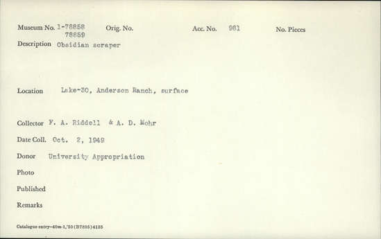Documentation associated with Hearst Museum object titled Scraper, accession number 1-78859, described as Obsidian.