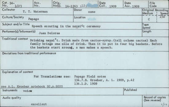 Documentation associated with Hearst Museum object titled Audio recording, accession number 24-1693, described as Speech occurring in the Navaict Ceremony