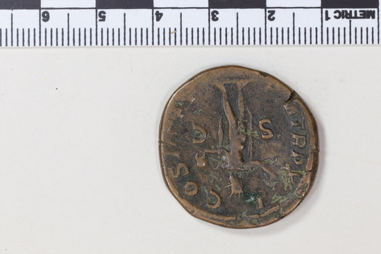 Hearst Museum object 2 of 4 titled Coin: æ sestertius, accession number 8-6211, described as Coin: Sestertius; Æ; Alex. Severus - 17.26 grms. Obverse: IMP ALEXANDER PIVS AVG - Bust facing right, laureate, draped. Reverse: PM TRPX I COSII PP, SC - Sol standing front, head facing left, raising right hand and holding whip.