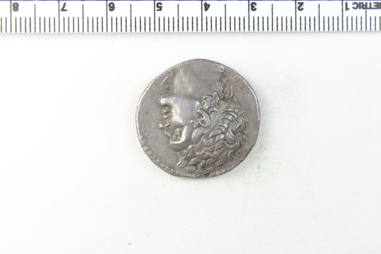 Hearst Museum object titled Coin: ar tetradrachm, accession number 8-5581, described as Coin; AR; Tetradrachm; Greek. 13.6 grams, 27 mm. Ptolemy V, 200 BC. Paphos, Cyprus. Obverse: Head of Ptolemy I r. diademed. Reverse: ΠΤΟΛΕΜΑΙΟΥ ΒΑΣΙΛΕΩΣ, eagle l. on thunderbolt; in field, LE ΠΑ.