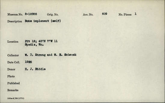 Documentation associated with Hearst Museum object titled Awl ?, accession number 2-12388, described as Bone implement.