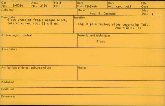 Documentation associated with Hearst Museum object titled Bracelet fragment, accession number 9-8034, described as Glass bracelet frag.; opaque black, twisted curved rod; 29 x 6 mm.