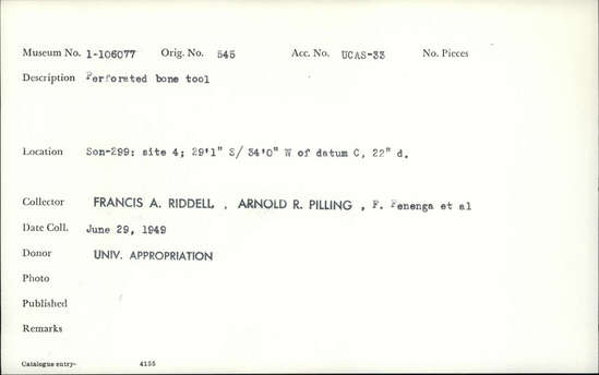 Documentation associated with Hearst Museum object titled Worked bone, accession number 1-106077, described as Perforated bone.