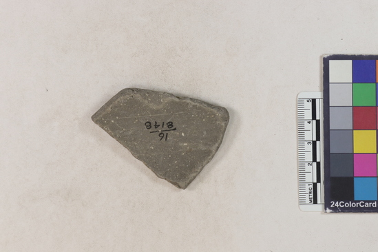 Hearst Museum object 2 of 2 titled Potsherd, accession number 16-8148, described as Potsherd; body, shoulder.  Section of Manta on Beach currently inhabited. Numbers  8111 to 8194 are sherds picked up on beach at low tide.