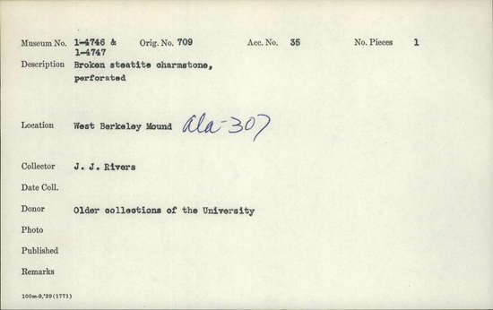 Documentation associated with Hearst Museum object titled Charmstone, accession number 1-4746, described as Broken, perforated, steatite