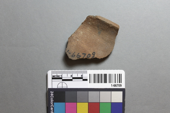 Hearst Museum object titled Potsherd, accession number 1-66709, described as Potsherd, San Filipe Brown (residual clay) storage jar rim