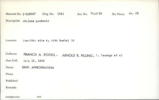 Documentation associated with Hearst Museum object titled Pendants, accession number 1-108387, described as Abalone pendants.