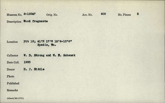 Documentation associated with Hearst Museum object titled Wood fragments, accession number 2-12547, described as Wood fragments