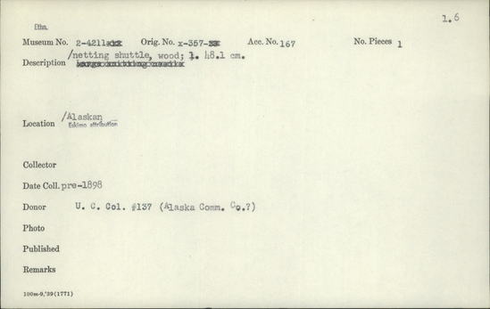 Documentation associated with Hearst Museum object titled Netting shuttle, accession number 2-4212, described as Made of wood.