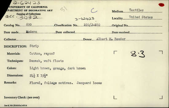 Documentation associated with Hearst Museum object titled Textile sample, accession number 2-62423, described as Strip; cotton, rayon?, damask, weft floats, colors light brown, orange, and dark brown, floral and foliage motives, Jacquard looms