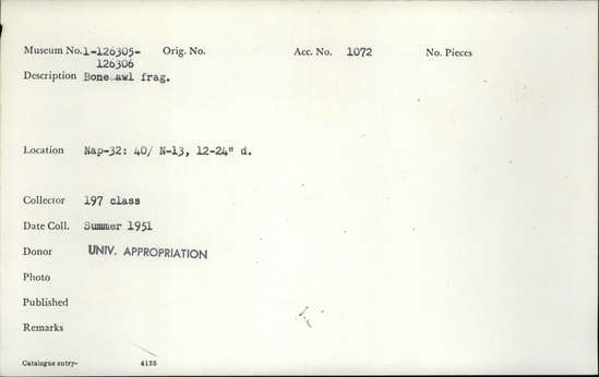 Documentation associated with Hearst Museum object titled Awl fragment, accession number 1-126305, described as Bone awl fragment.