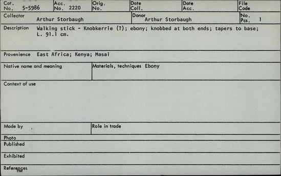 Documentation associated with Hearst Museum object titled Walking stick, accession number 5-5986, described as Walking stick -Knobkerrie (?); ebony; knobbed at both ends; tapers to base; L. 91.1 cm.