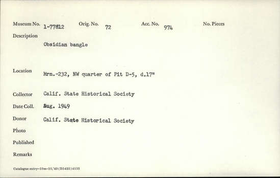 Documentation associated with Hearst Museum object titled Bangle, accession number 1-77812, described as Obsidian. Notice: Image restricted due to its potentially sensitive nature. Contact Museum to request access.
