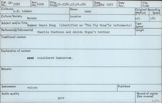 Documentation associated with Hearst Museum object titled Audio recording, accession number 24-2587, described as Navajo Summer Dance Song