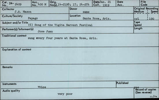 Documentation associated with Hearst Museum object titled Audio recording, accession number 24-2409, described as Song of the Vigita Harvest Festival #6