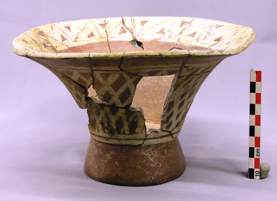 Hearst Museum object titled Bowl fragments, accession number 4-2636, described as Flaring bowl, rattle-base, red and white, fragmentary.