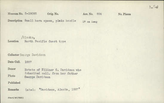 Documentation associated with Hearst Museum object titled Spoon, accession number 2-19093, described as Small, horn. Plain handle. Label reads: "Davidson, Alaska, 1887