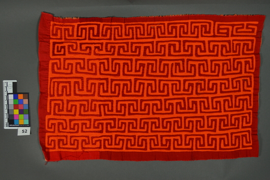 Hearst Museum object titled Mola, accession number 3-31668, described as Mola, Single panel; 7 rows of Greek key designs. Orange and red.