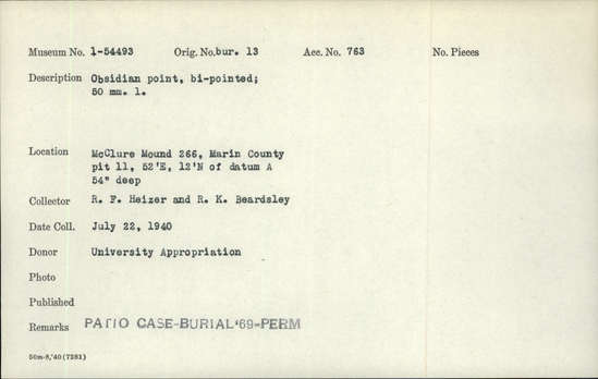 Documentation associated with Hearst Museum object titled Point, accession number 1-54493, described as Obsidian point, bi-pointed. Notice: Image restricted due to its potentially sensitive nature. Contact Museum to request access.