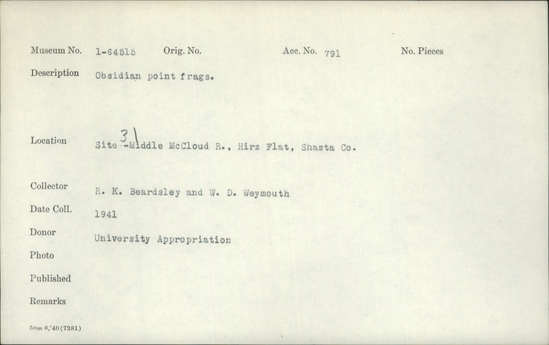 Documentation associated with Hearst Museum object titled Point, accession number 1-64515, described as Obsidian, fragments
