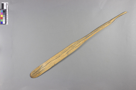 Hearst Museum object titled Paddle, accession number 5-4141, described as Wooden paddle; for handling food roasted in coals; 57 cm long.