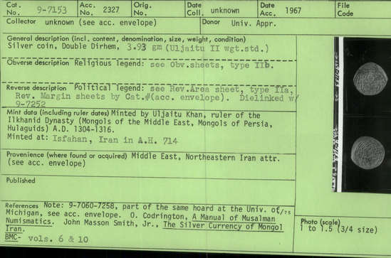 Documentation associated with Hearst Museum object titled Coin: ar double dirhem, accession number 9-7153, described as Silver coin, Double Dirhem, 3.93 gm (Ghazan-Uljaitu II weight standard)
