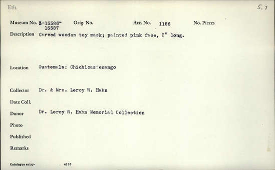 Documentation associated with Hearst Museum object titled Toy mask, accession number 3-15586, described as Carved wooden toy mask; painted pink face