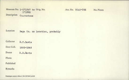 Documentation associated with Hearst Museum object titled Charmstone, accession number 1-171350, described as Charmstone.