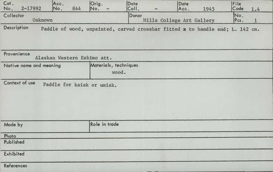 Documentation associated with Hearst Museum object titled Paddle, accession number 2-17992, described as Paddle of wood, unpainted, carved crossbar fitted to handle end.