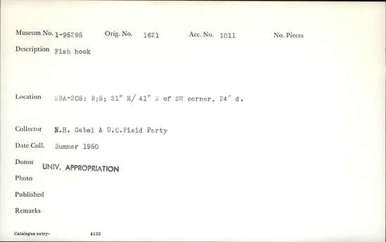 Documentation associated with Hearst Museum object titled Fishhook, accession number 1-95295, described as Fish hook