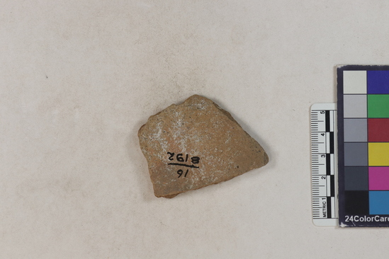 Hearst Museum object 161 of 183 titled Potsherd, accession number 16-8192, described as Potsherd: bodys Section of Manta on beach currently inhabited. Numbers  8111 to 8194 are sherds picked up on beach at low tide.