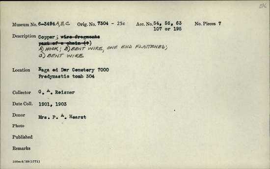 Documentation associated with Hearst Museum object titled Hook and wires, accession number 6-3494a,b,c, described as Copper a) hook, b) bent wire, one end flattened, c) bent wire