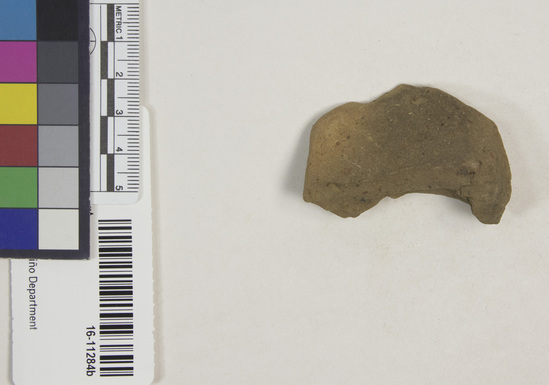 Hearst Museum object titled Potsherd, accession number 16-11284b, described as Sherds, wellow-buff to gray; with dark center; soft; little temper; san and large pottery particles; 2 rim: length: 3/4 inch and 2 1/4 inches with flared collar; 1 top of leg. diameter: circa 2 inch.