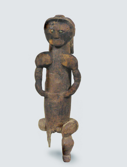 Hearst Museum object titled Statue, accession number 5-1879, described as wooden female statue(eyime); broken leg. 17"h (43.18cm) Oldest statue collected, probably late 19th C..Village Assok Ngoum, clan Bukwé, District Oyem.