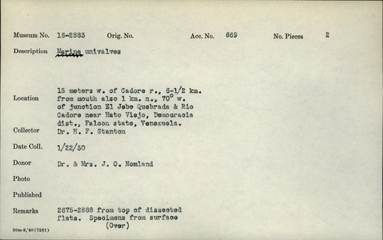 Documentation associated with Hearst Museum object titled Shell, accession number 16-2883, described as Marine univalves